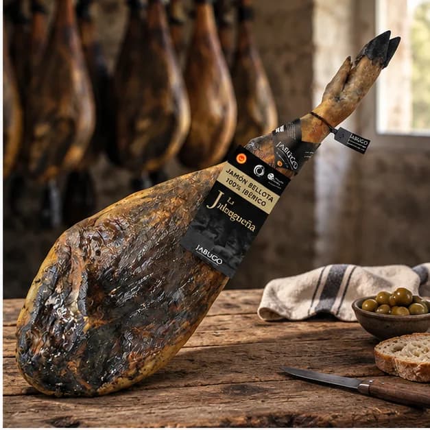 Jamón de Bellota 100% ibérico D.O.P. La Jabugueña, en una mesa de madera
