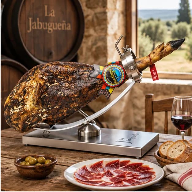 Jamón de Bellota ibérico 50% Raza Ibérica La Jabugueña, en una mesa de madera