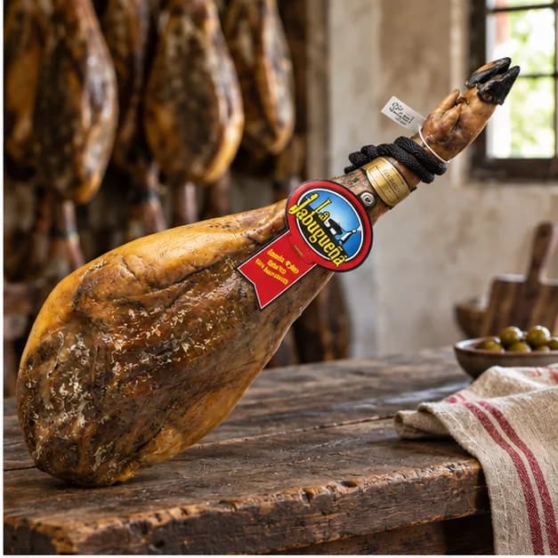 Jamón de Cebo ibérico 50% Raza Ibérica La Jabugueña, en una mesa de madera