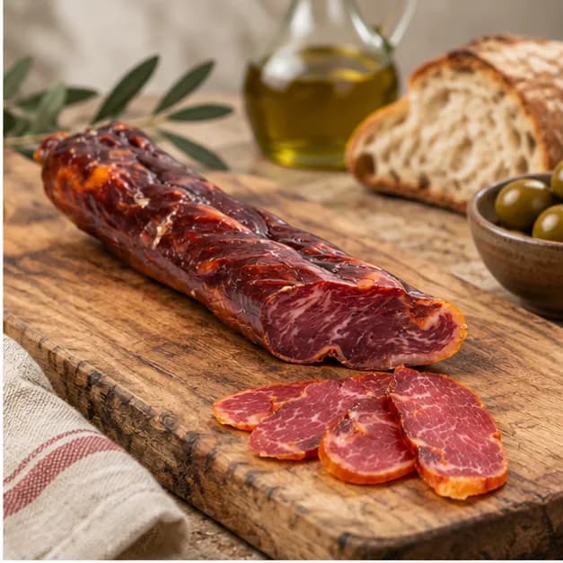Lomo de Bellota 100% Ibérico Cárdeno, en una mesa de madera