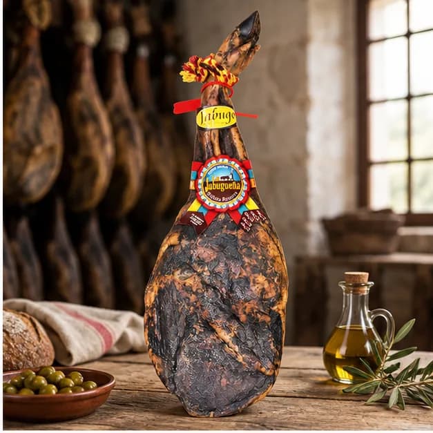 Paleta de Bellota ibérico 50% Raza Ibérica La Jabugueña, en una mesa de madera