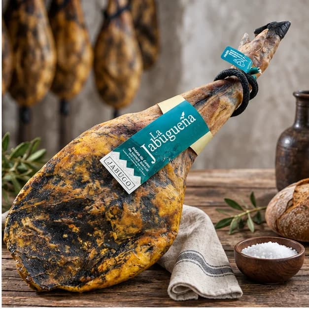 Paleta de Cebo de Campo ibérico 50% Raza Ibérica La Jabugueña, en una mesa de madera