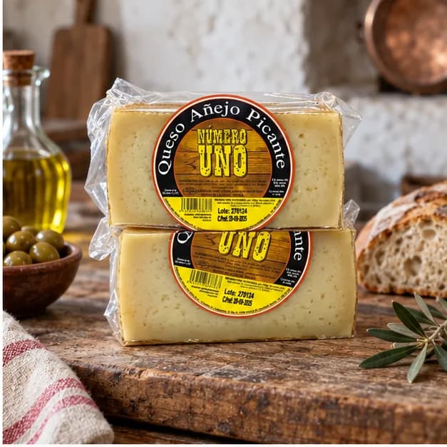 Queso Añejo Picante Tradicional Número Uno, en una mesa de madera