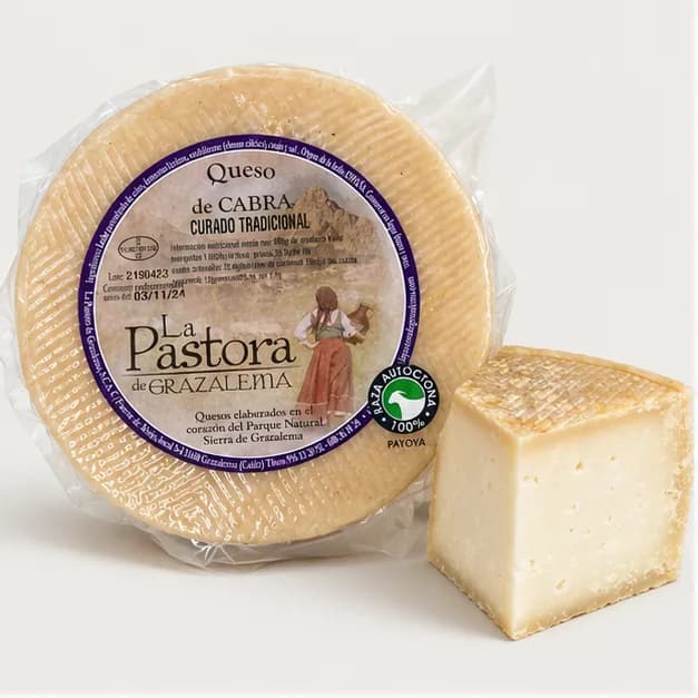 Queso curado de cabra payoya de Grazalema curado tradicional La Pastora, sobre fondo claro