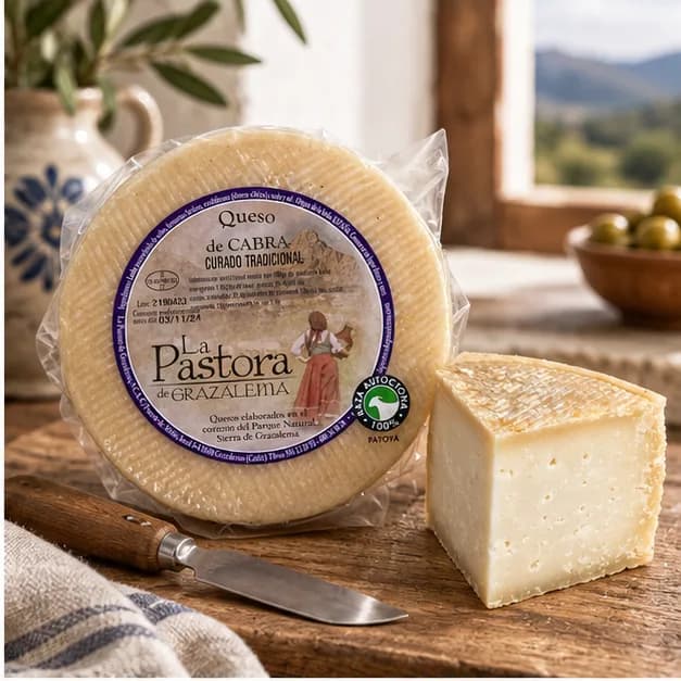 Queso curado de cabra payoya de Grazalema curado tradicional La Pastora, en una mesa de madera