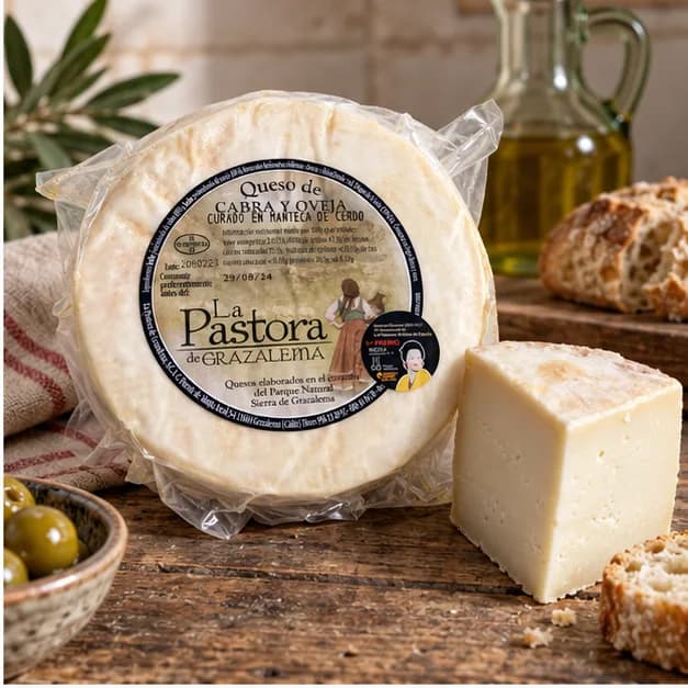 Queso de cabra y oveja curado en manteca La Pastora, en una mesa de madera
