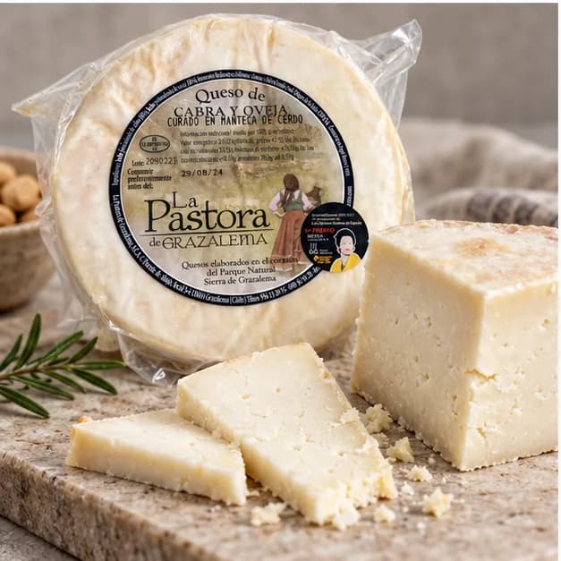 Queso de cabra y oveja curado en manteca La Pastora, en detalle