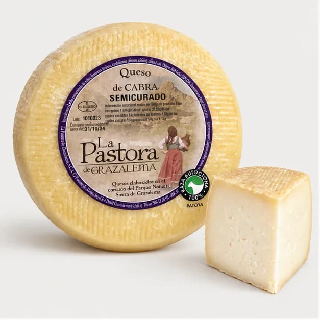 Queso semicurado de cabra payoya de Grazalema La Pastora, sobre fondo claro