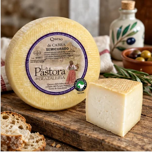 Queso semicurado de cabra payoya de Grazalema La Pastora, en una mesa de madera