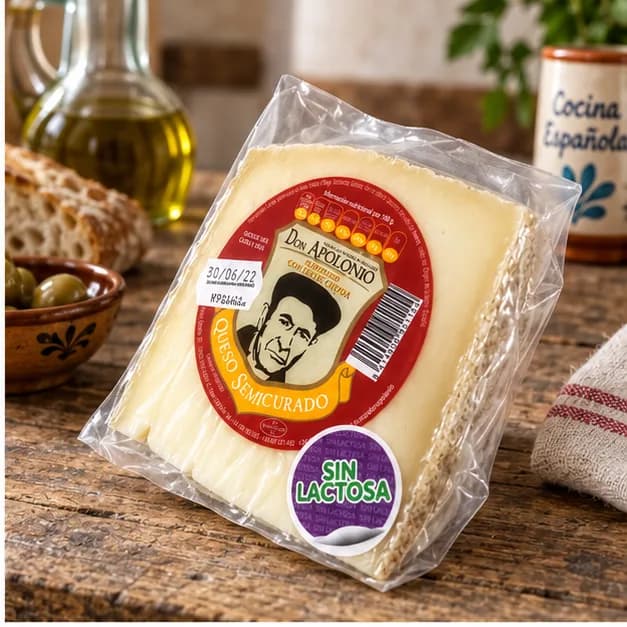 Queso sin lactosa semicurado Don Apolonio, en una mesa de madera