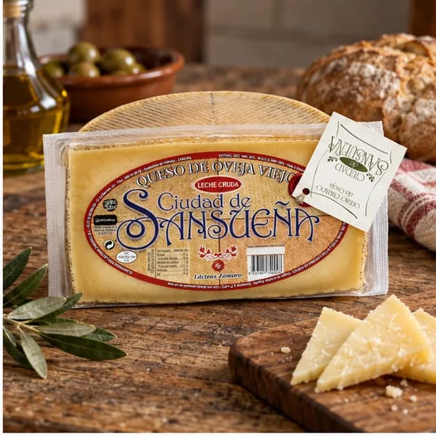 Queso Viejo de Oveja Curado Ciudad de Sansueña, en una mesa de madera