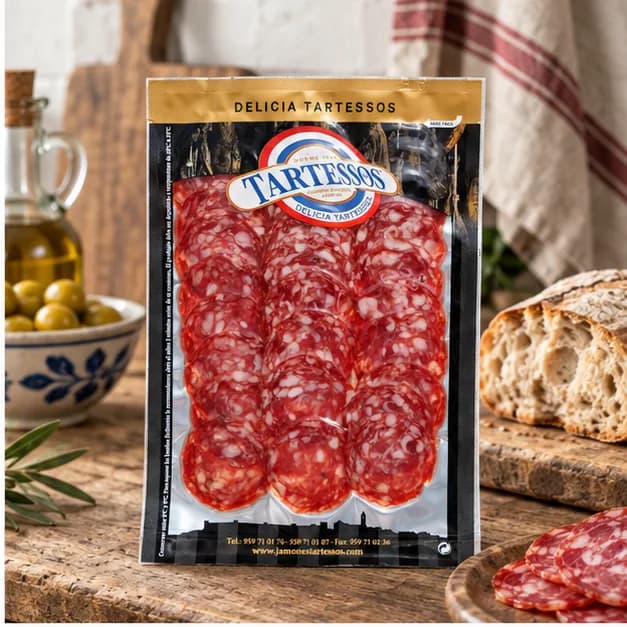 Salchichón Ibérico Tartessos, en una mesa de madera